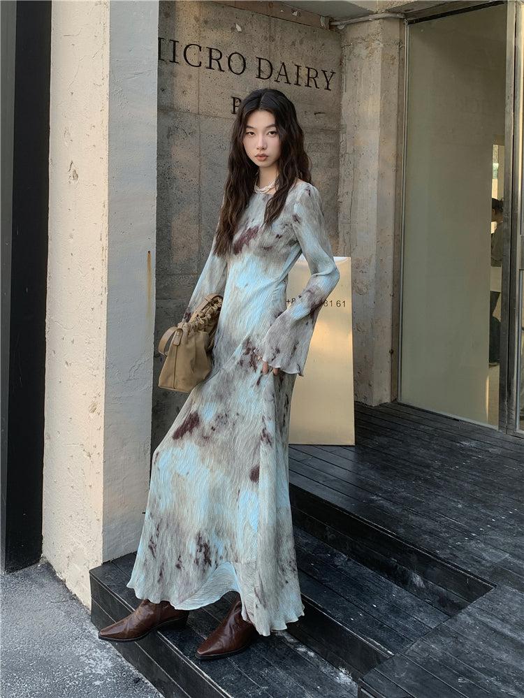 Bell Sleeve Crew Neck Abstract Tie-Dye Plisse Maxi Dress