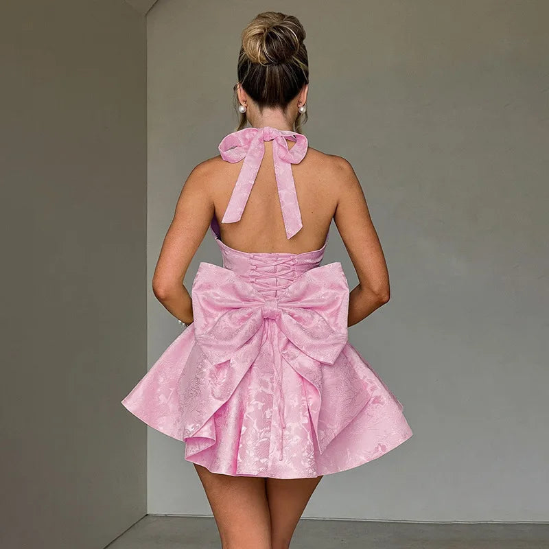 Jacquard Bow Waist Wrap Vacation Dress