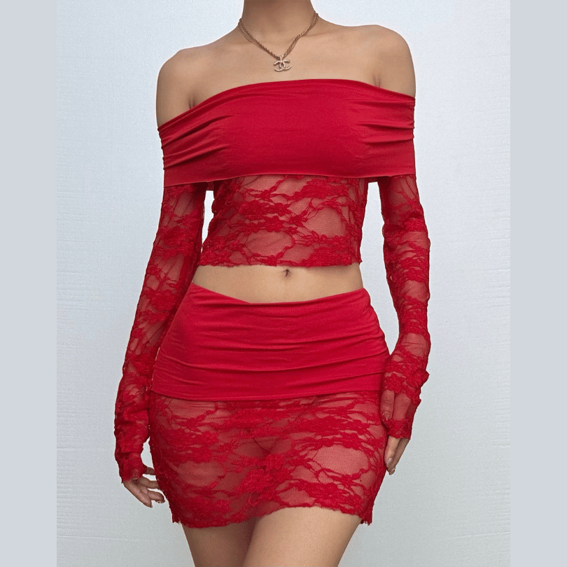 Long sleeve off shoulder lace see through mini skirt set