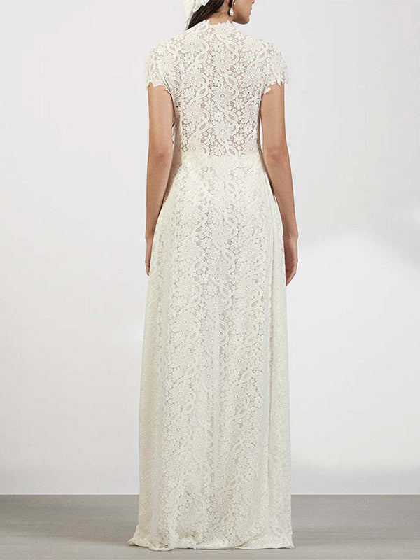 Two Piece Sets Pant Set Maxi Dresses White Resort Wear Jewel Neck Illusion Sleeves Short Sleeves Sets