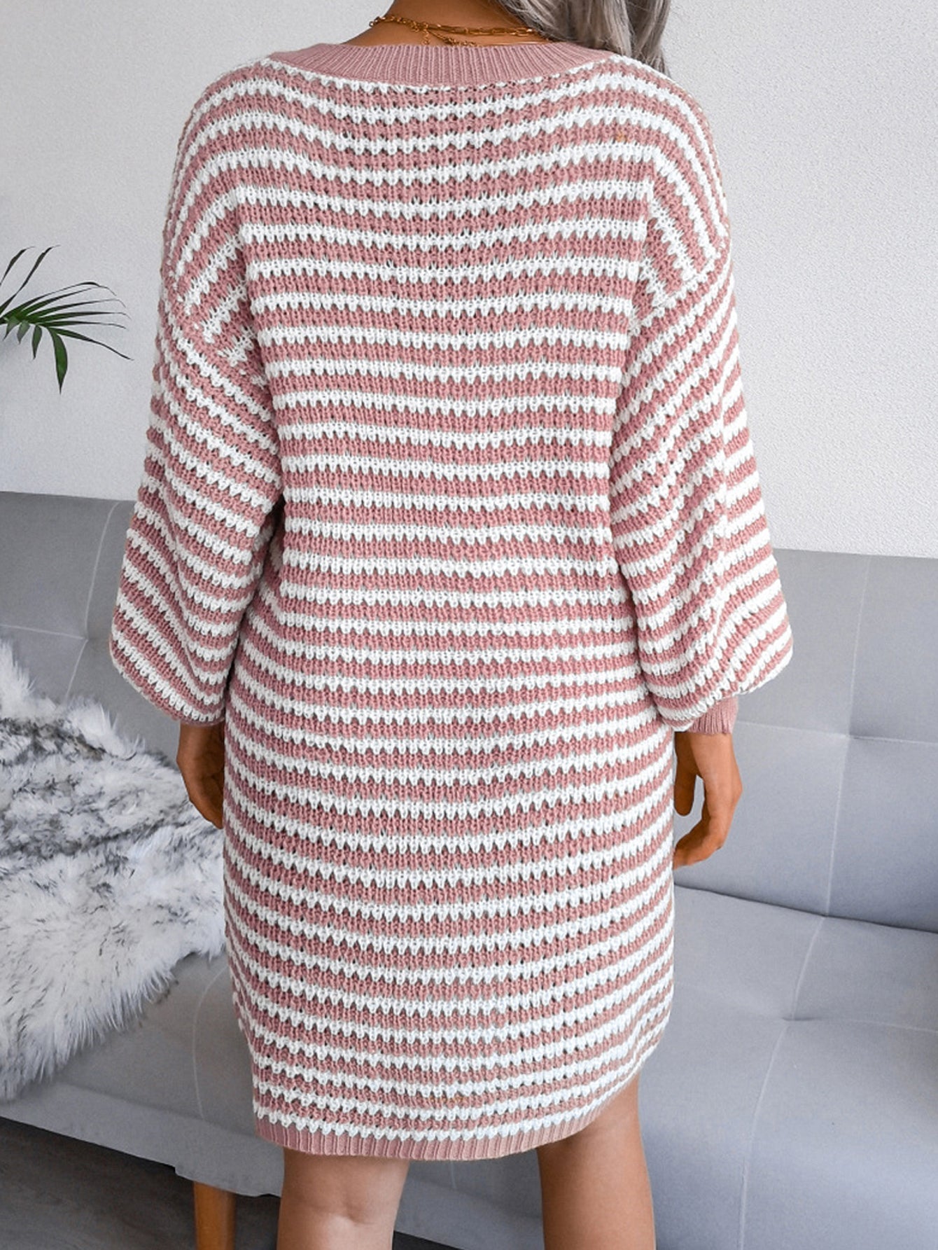V-Neck Bishop Sleeve Horizontal Stripe Knit Mini Sweater Dress