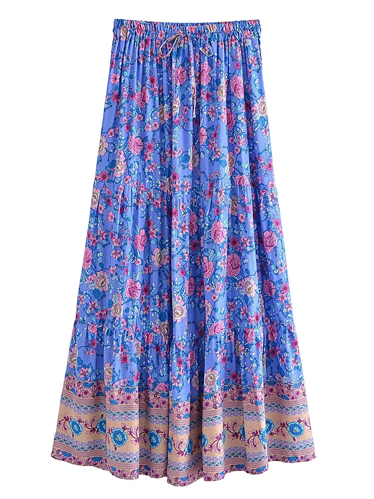 Vintage Fashion Beach Floral Print Hippie Skirt High Elastic A-Line Boho