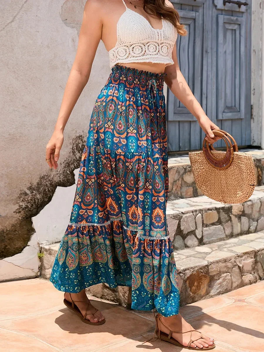 Vintage Beach Bohemian Floral Print Elastic Waist A-Line Skirt