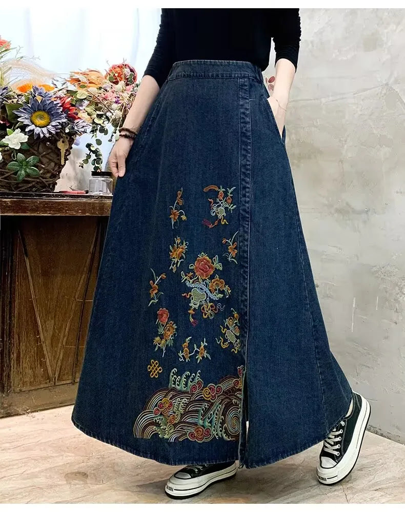 Embroidery Denim High Waist Japanese Mori Long Casual Skirt
