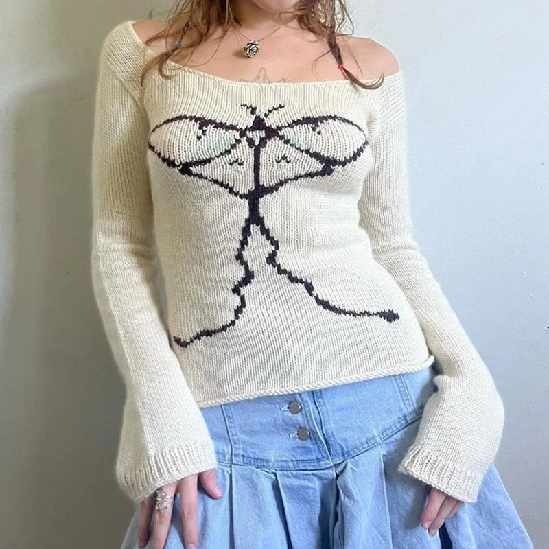 Off Shoulder Graphic Print Sweater Long Sleeve Knit Top Women