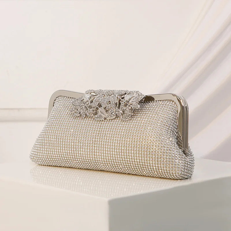 Vintage Rhinestone Flower Kiss Lock Clutch Bag