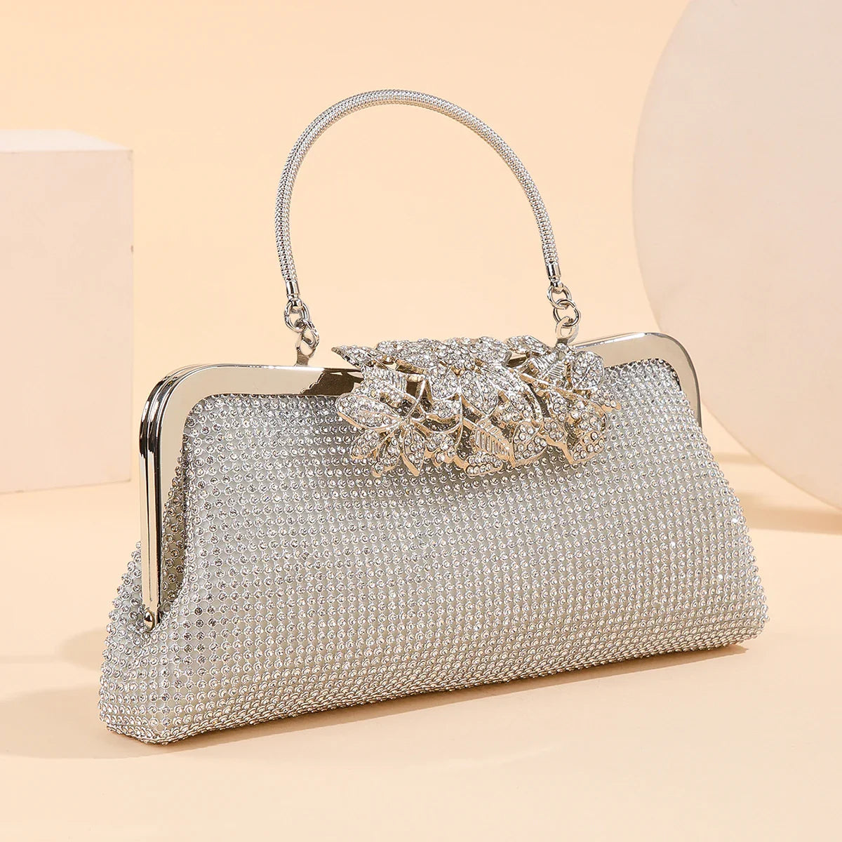 Vintage Rhinestone Flower Kiss Lock Clutch Bag