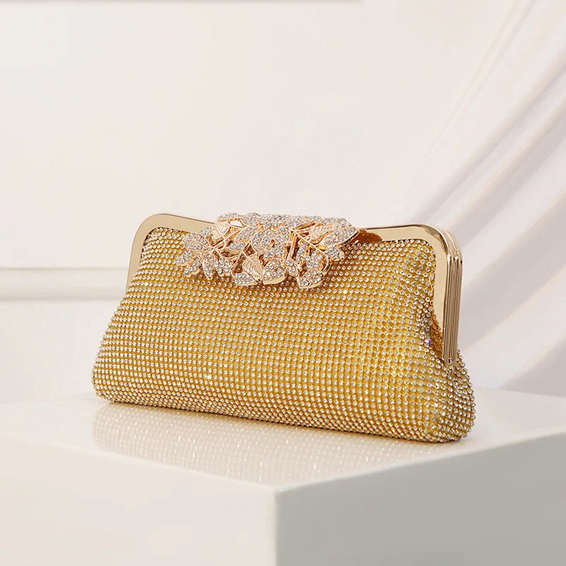 Vintage Rhinestone Flower Kiss Lock Clutch Bag