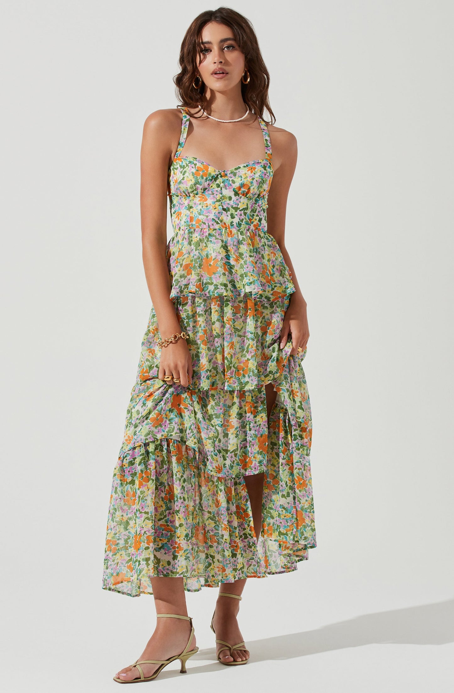 Cami Floral Backless Tiered Hem Maxi Dress Green