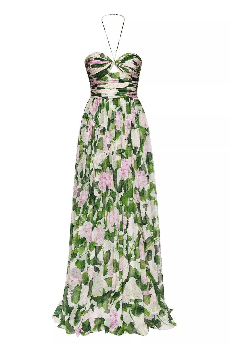 Floral Off-Shoulder Halter Neck Pleat Maxi Dress