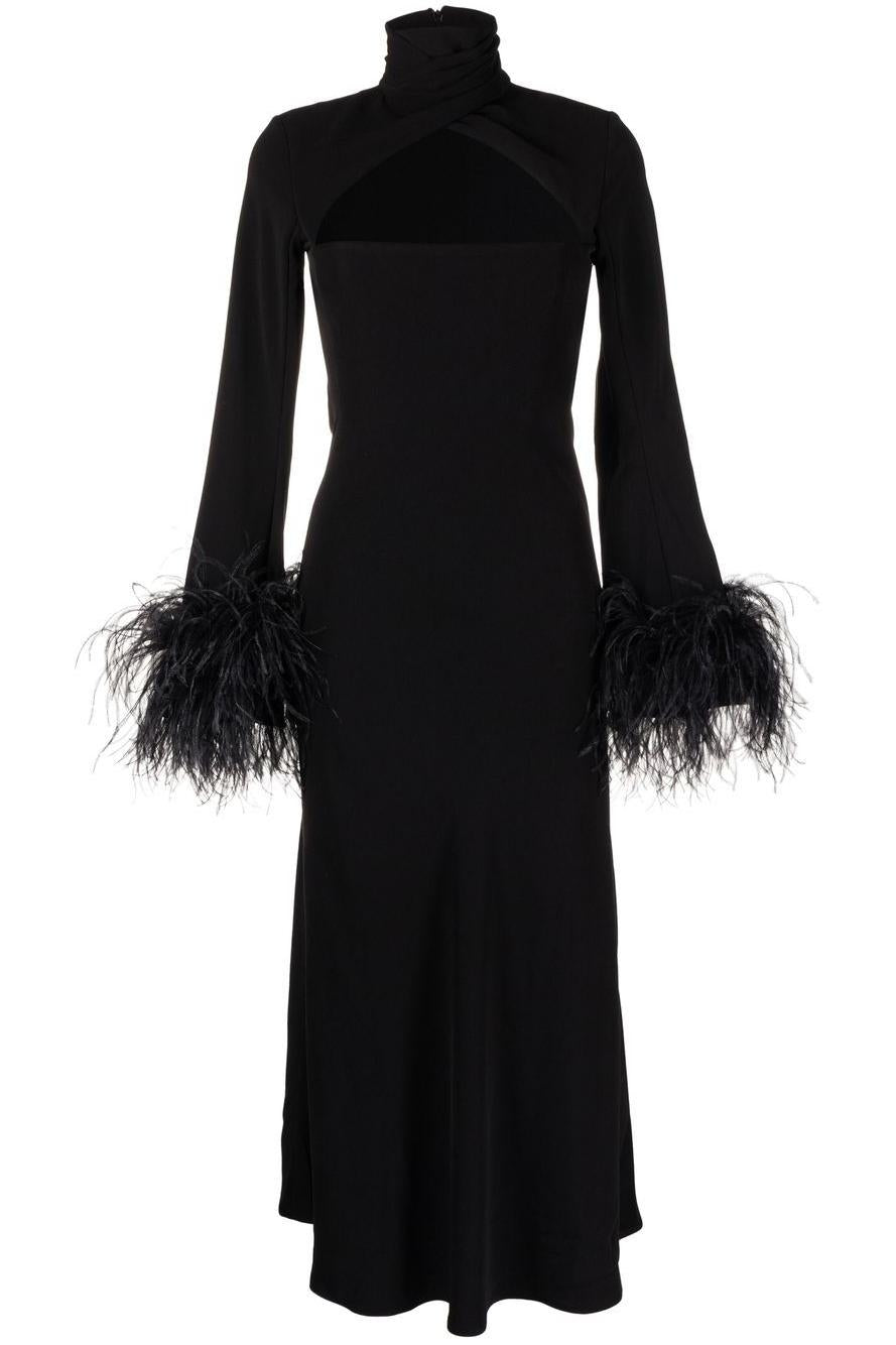 Feather Solid High Neck Midi Dress Black