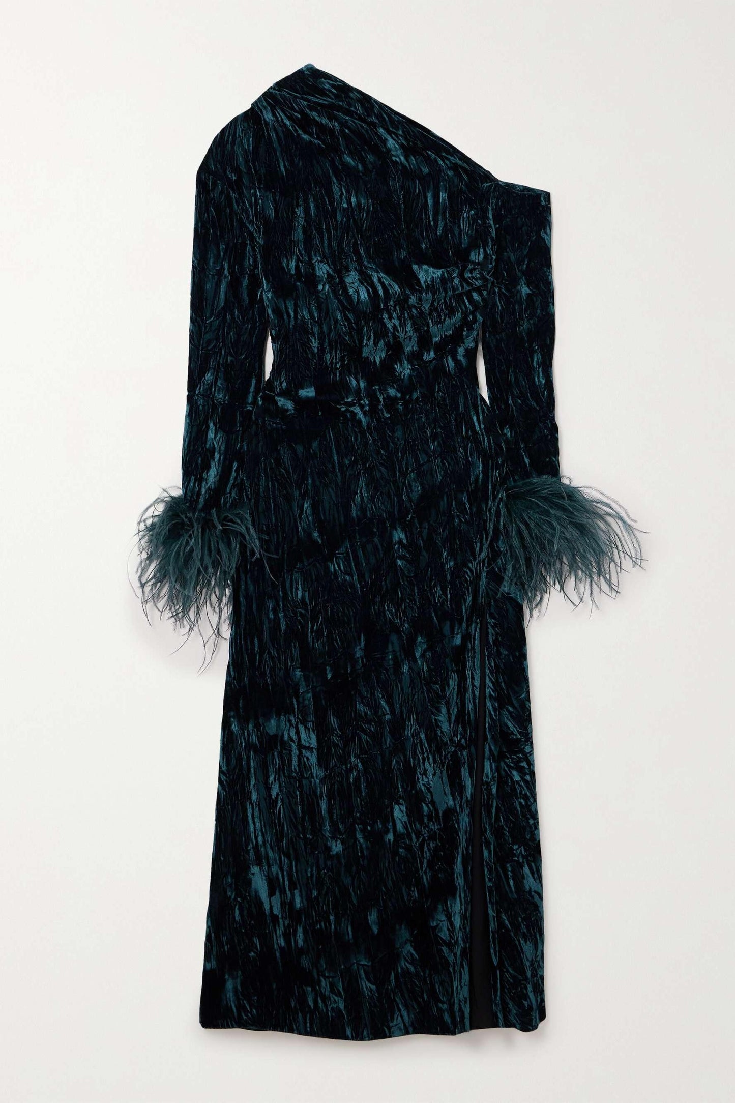 Feather One-Shoulder Long Sleeve Midi Dress