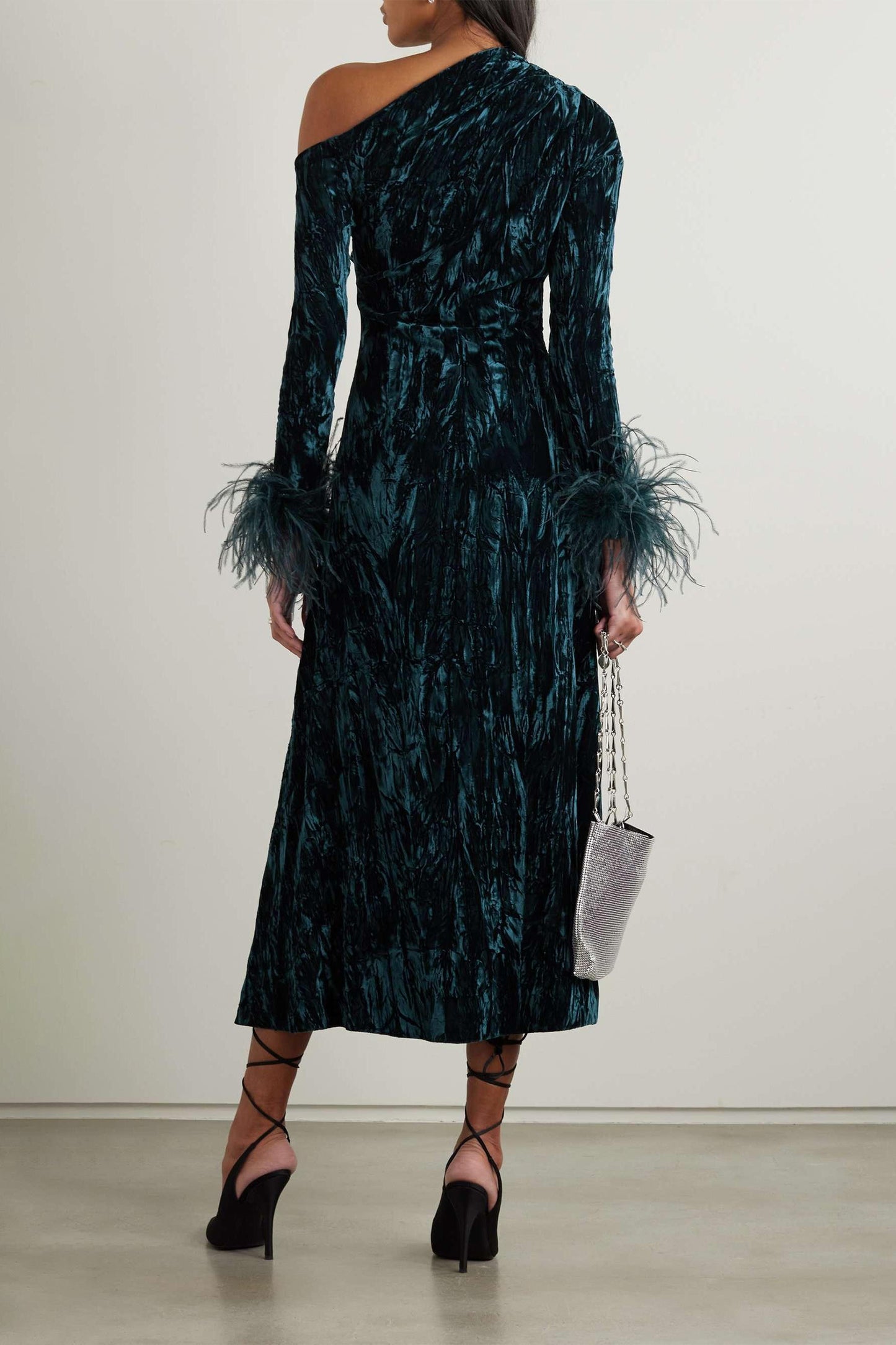Feather One-Shoulder Long Sleeve Midi Dress