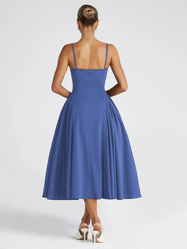 Square Neck Midi Dress For Women - Retro A-Line Pleated Dress - Spring Cocktail Party 2026