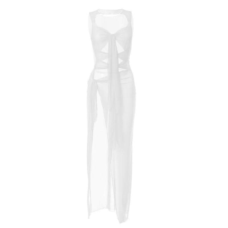 Sheer mesh see through knotted hollow out slit cut out maxi dress-final-sale