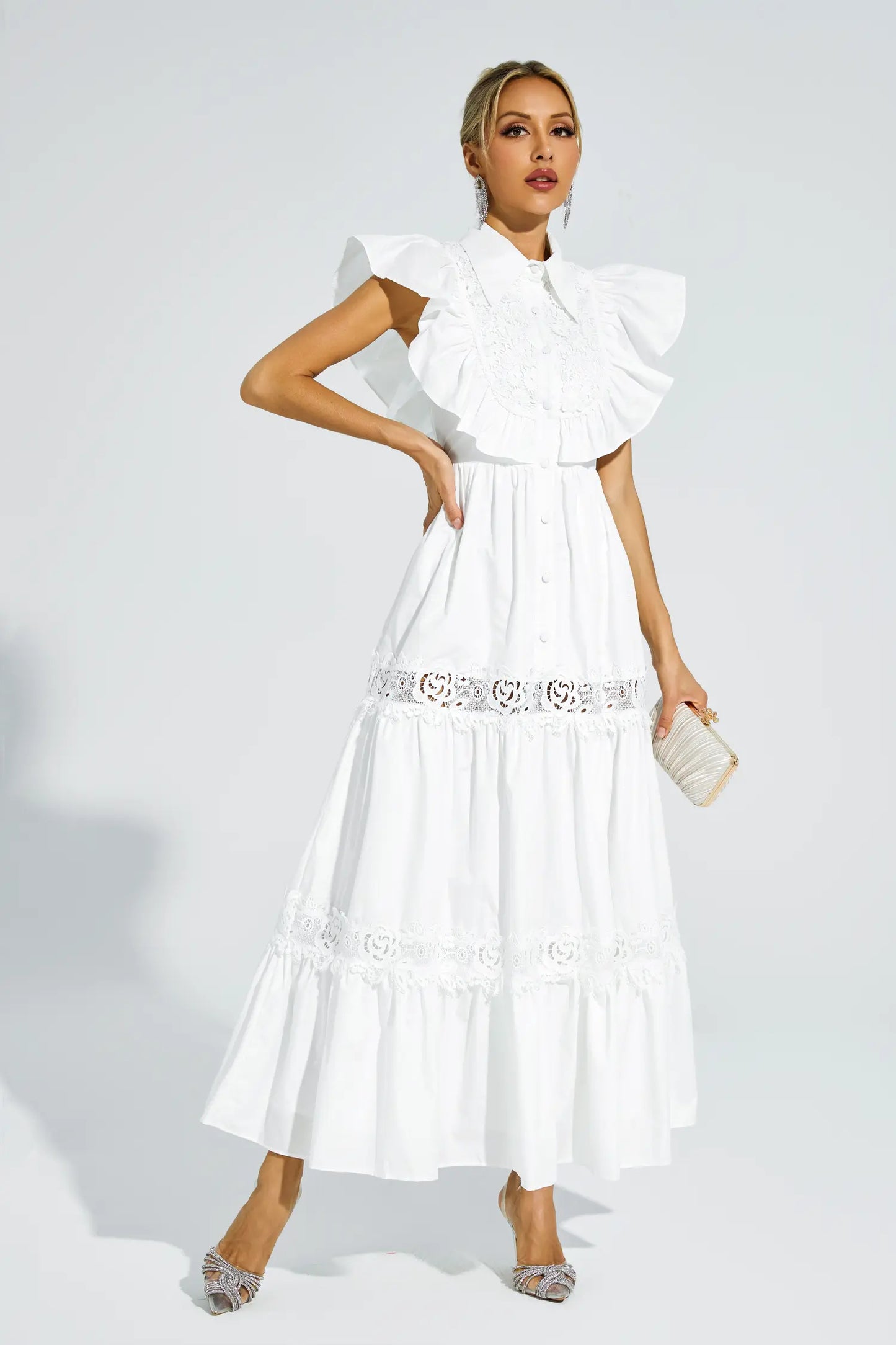 Wesley White Sleeveless Ruffle Midi Dress