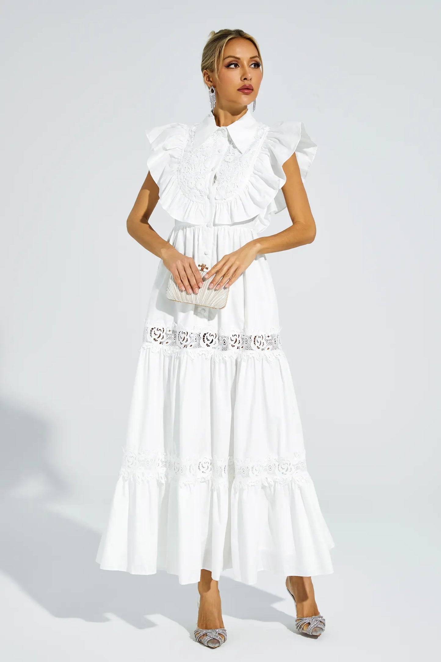 Wesley White Sleeveless Ruffle Midi Dress