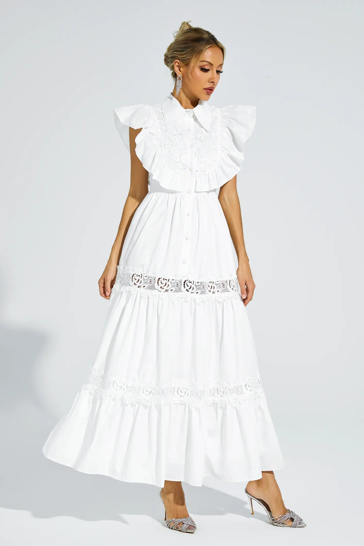 Wesley White Sleeveless Ruffle Midi Dress