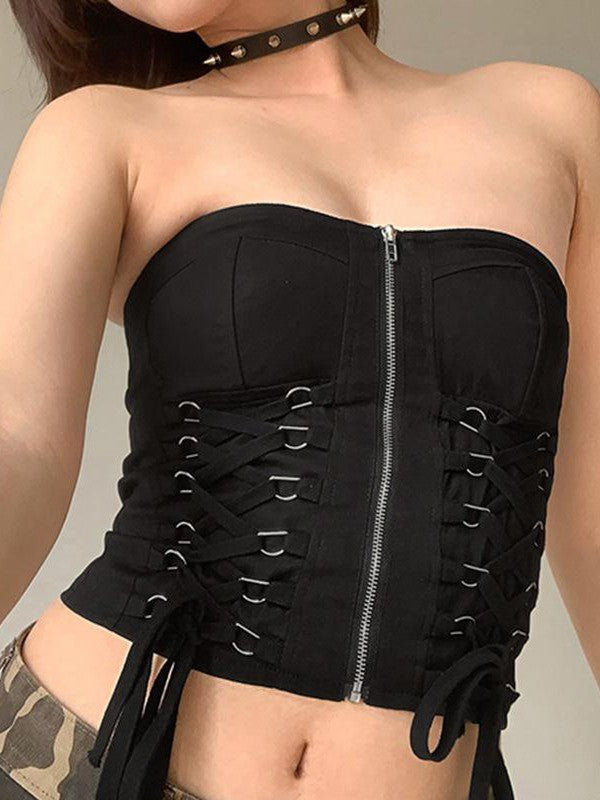 Black Lace up Chain Tube Top