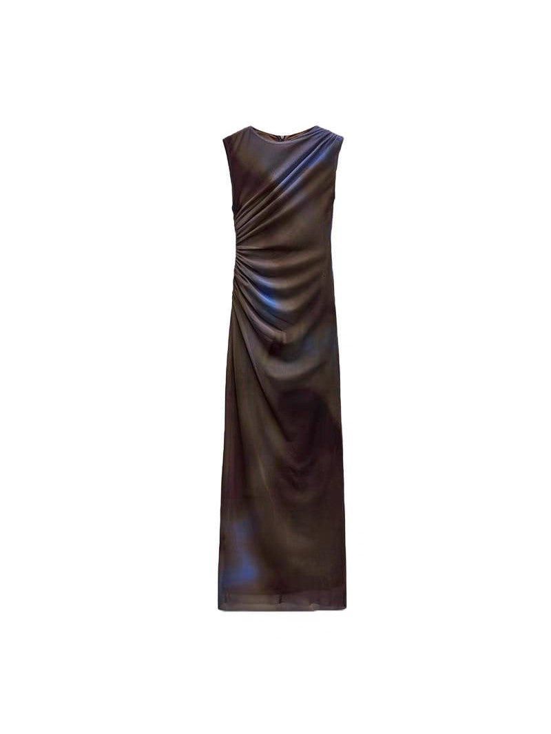 Tie Dye Print Sleeveless Ruched Dress