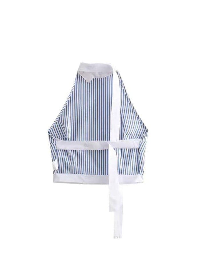Halterneck Striped Backless Top & Slit Buttoned Skirt