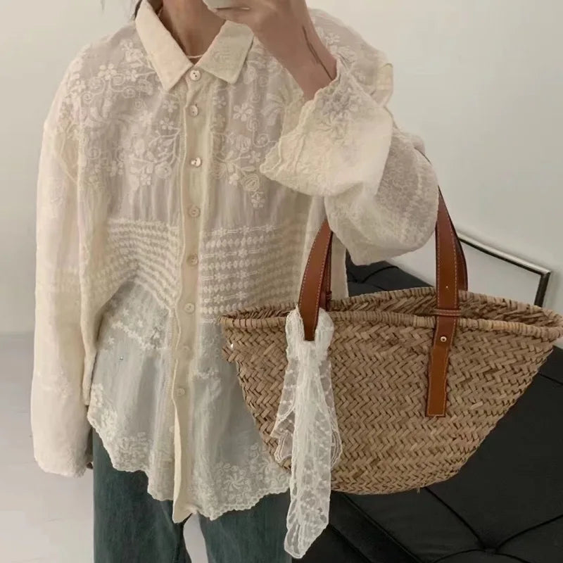 White Cotton Embroidery Lace Long Sleeve Boho Beach Blouse