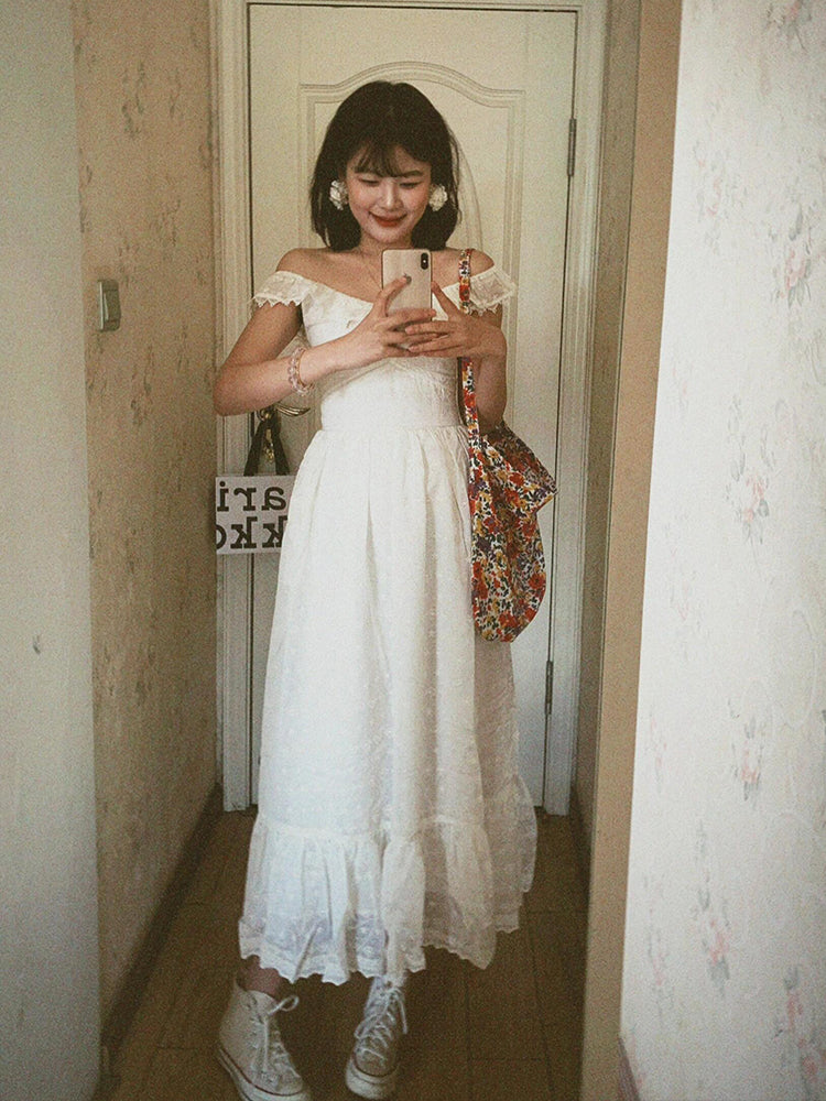 White Embroidered Lace Maxi Dress Dreamy Beach Getaway Look