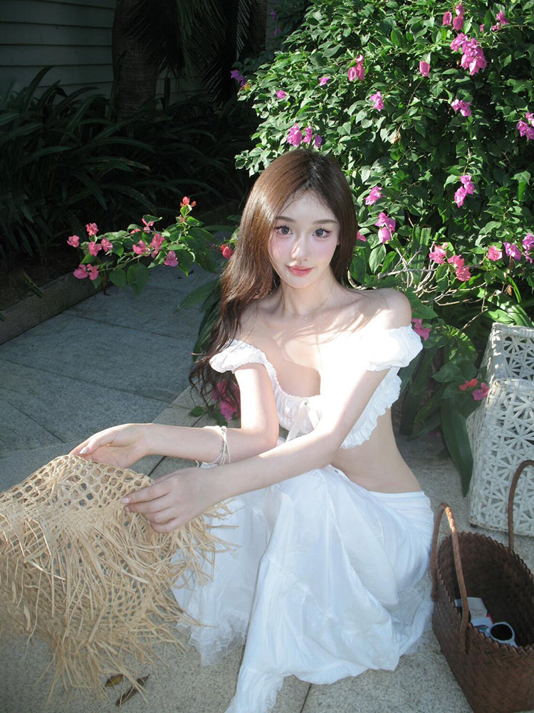 White Puffy Sleeve Crop Top & Maxi Skirt Set Ethereal Vacation Chic