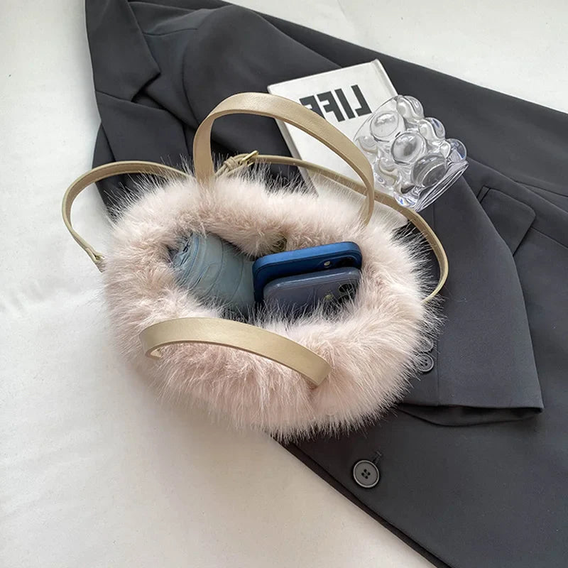 Winter Faux Fur Crossbody Pearl Chain Decor Handbag