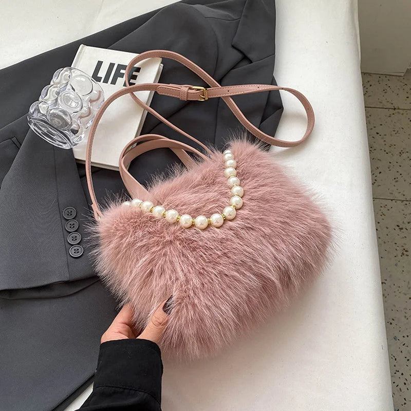 Winter Faux Fur Crossbody Pearl Chain Decor Handbag