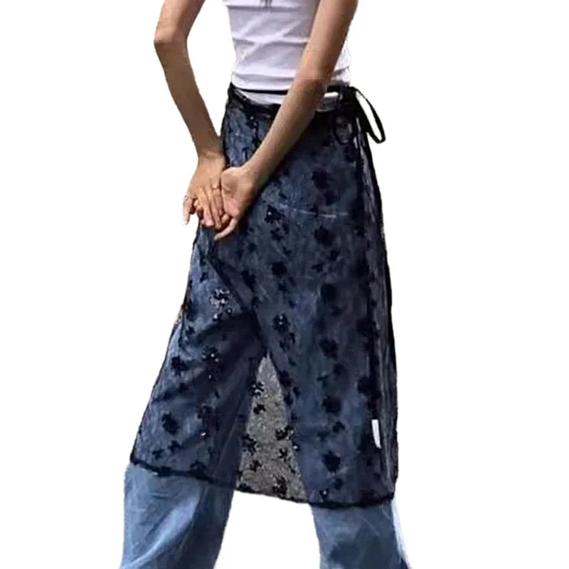 Aesthetic See Through Sequins Flower Lace Long Apron Skirt