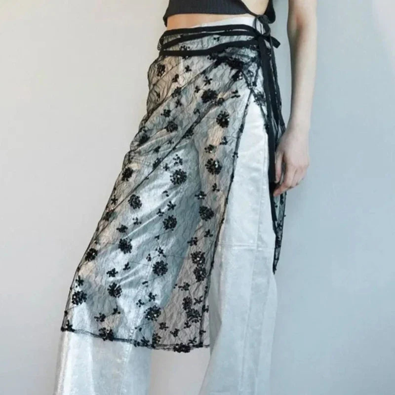 Aesthetic See Through Sequins Flower Lace Long Apron Skirt