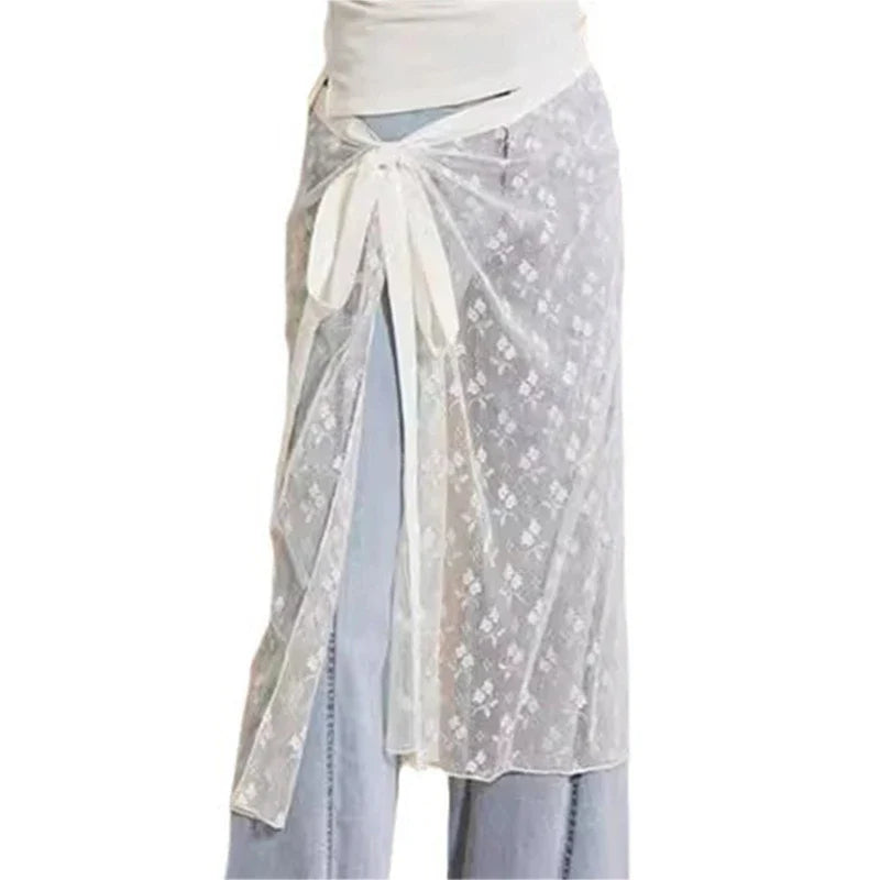 Aesthetic See Through Sequins Flower Lace Long Apron Skirt