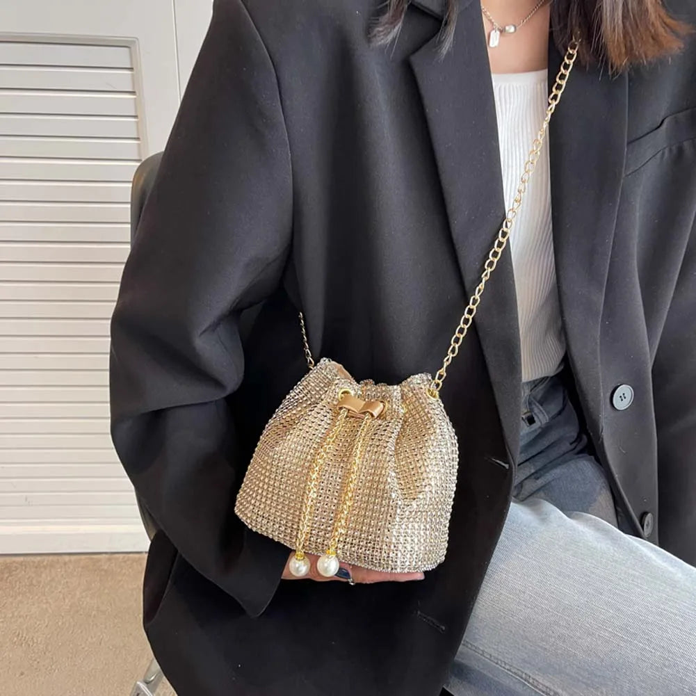 Solid Color Rhinestone Luxury Chain Crossbody Glitter Clutch Bag