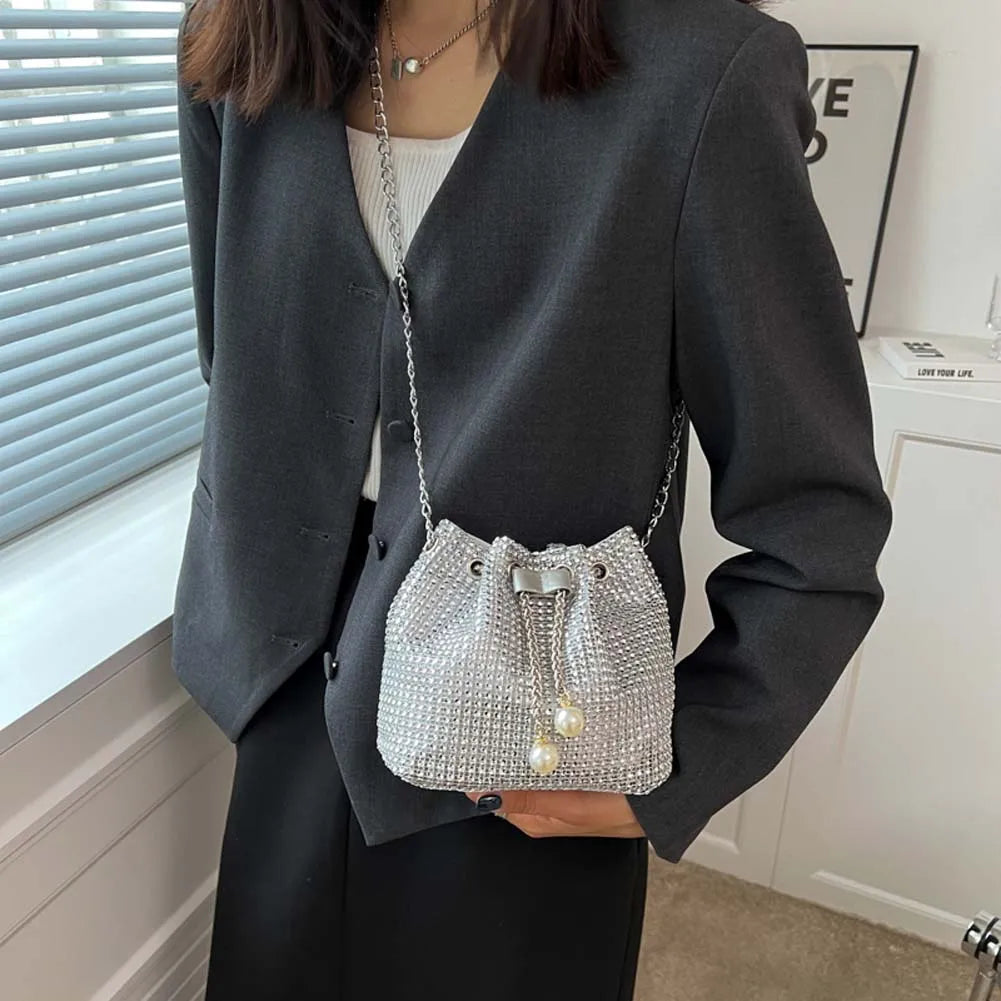 Solid Color Rhinestone Luxury Chain Crossbody Glitter Clutch Bag