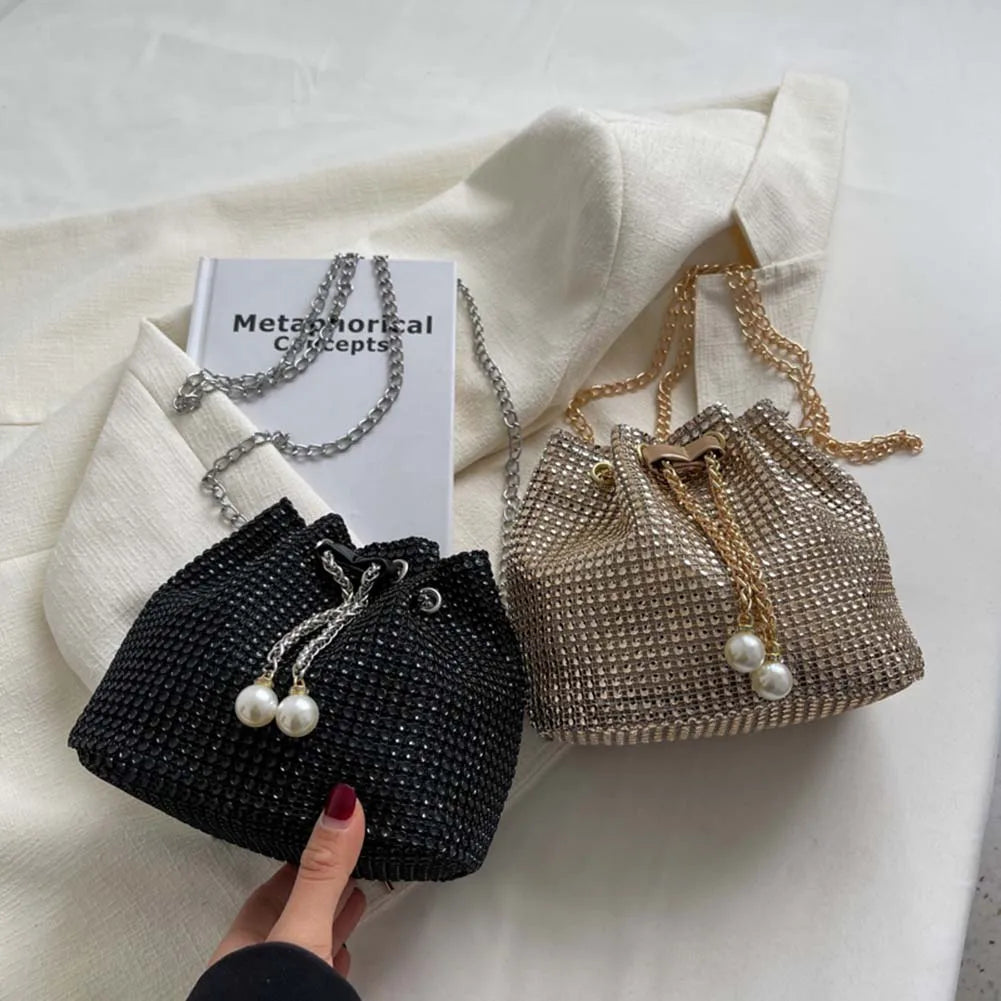 Solid Color Rhinestone Luxury Chain Crossbody Glitter Clutch Bag