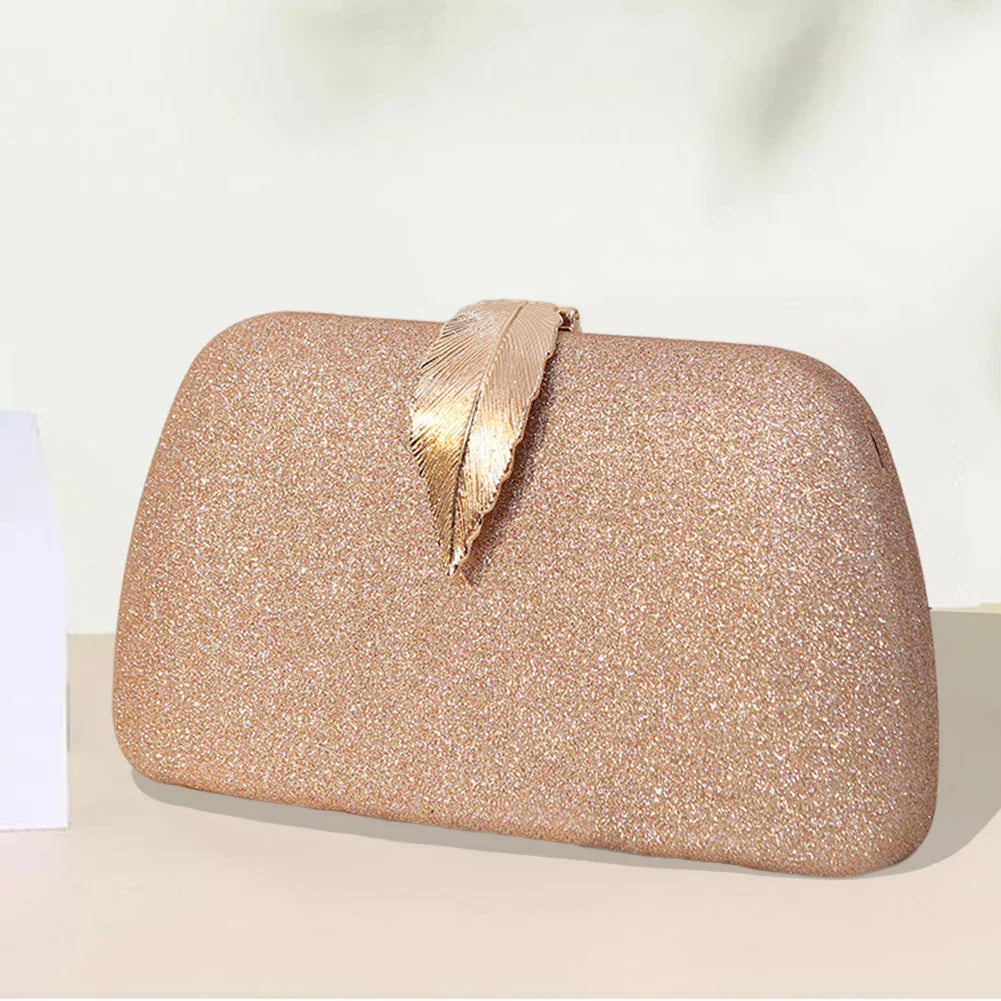 Women Leaf Design Clutch Bag Bling Chain Purse
