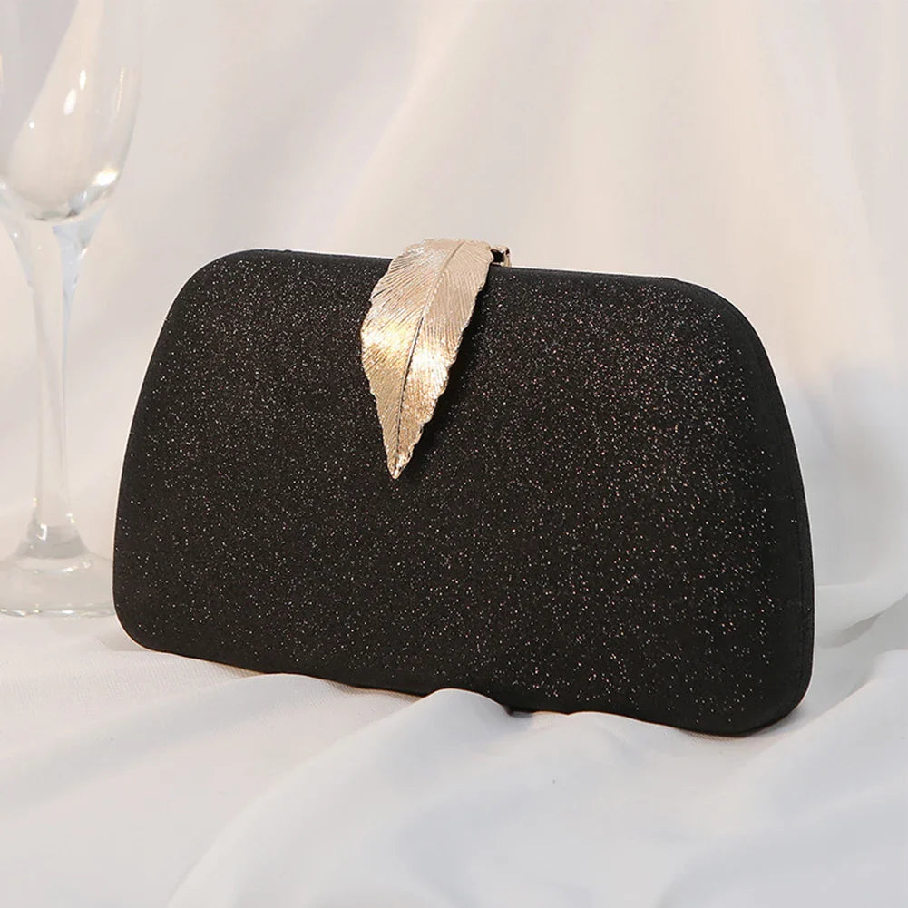 Women Leaf Design Clutch Bag Bling Chain Purse