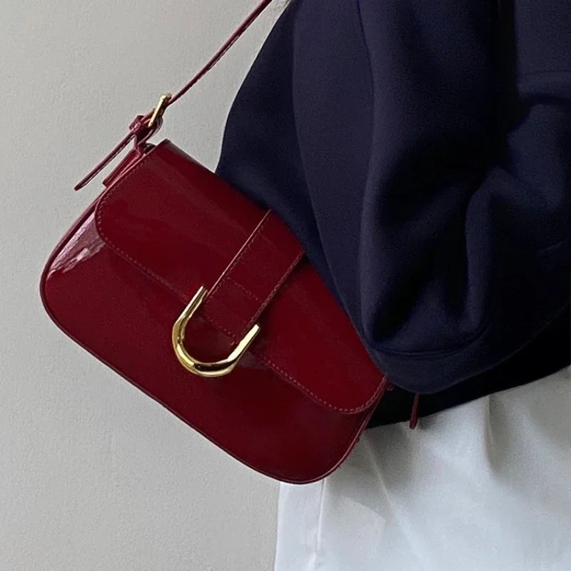 Adjustable Strap Patent Leather Satchel Bag