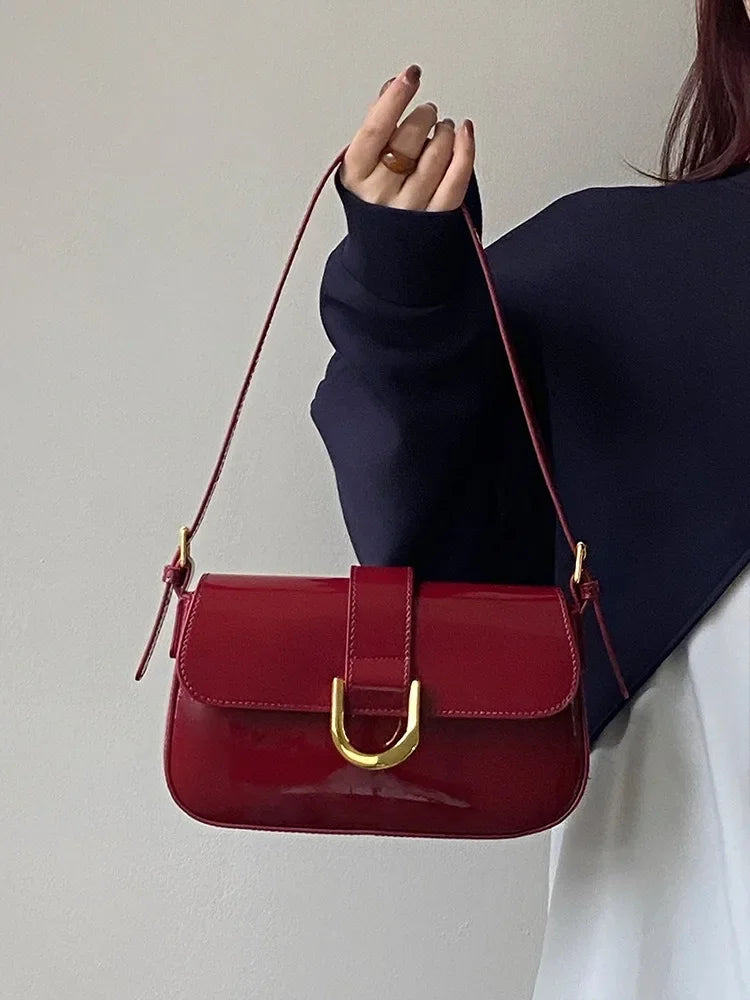 Adjustable Strap Patent Leather Satchel Bag