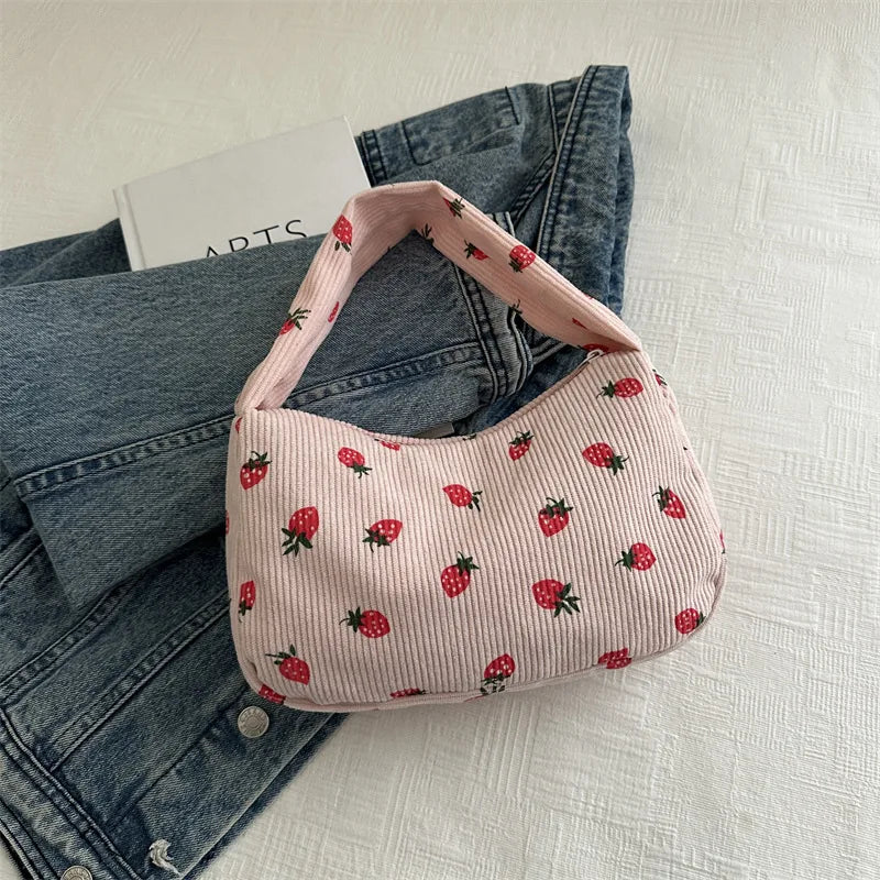 Strawberry Print Corduroy Mini Tote Handbag