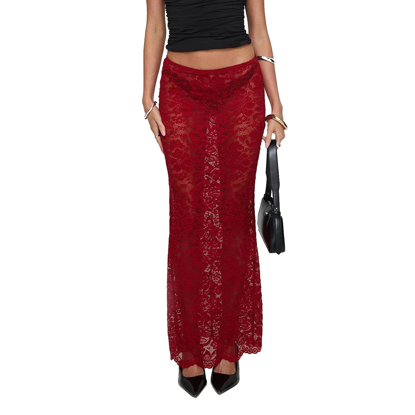 Summer Sexy Sheer Lace Floral Long Skirt Y2K Party