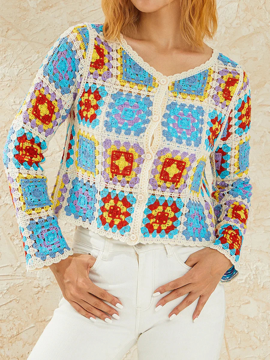 Floral Hollow Out V-Neck Crochet Cardigan