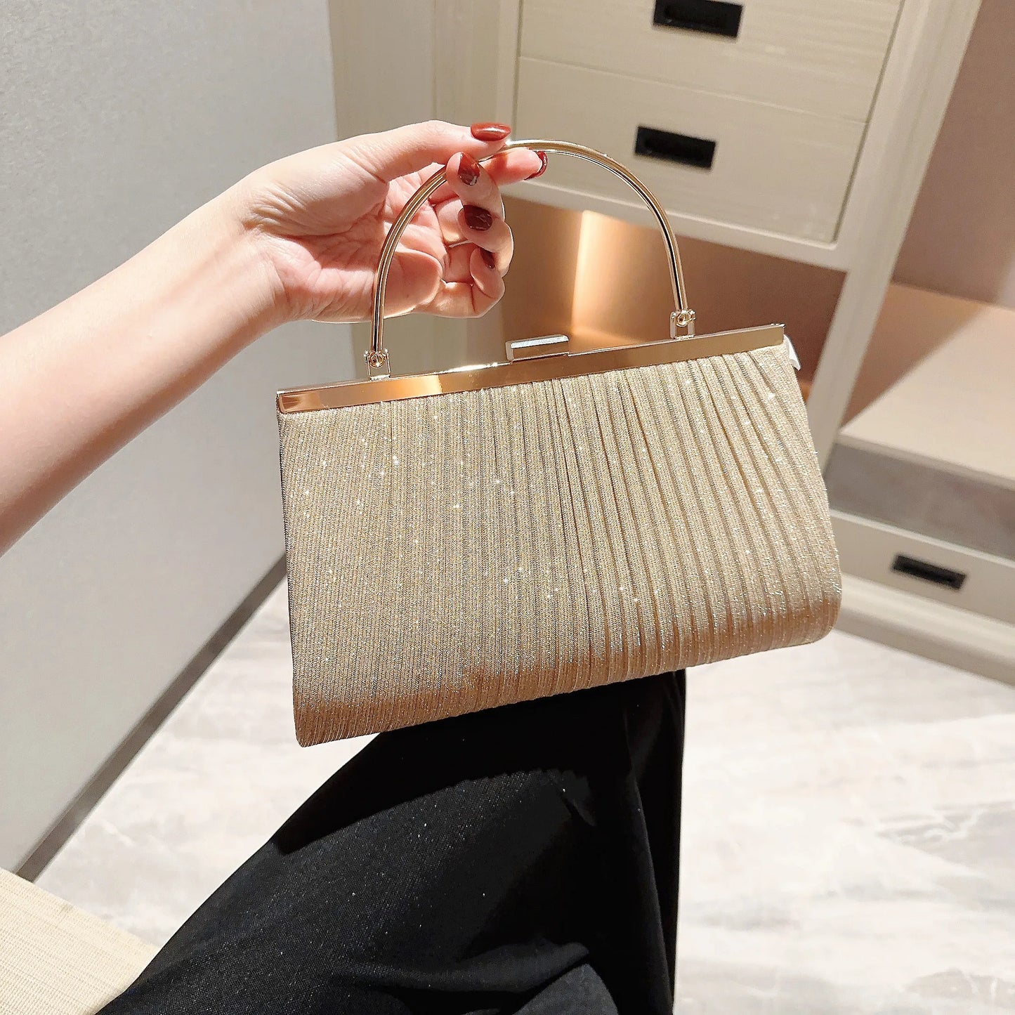 Classic Pleated Evening Bag Sparkling Party Prom Handbag Dress Purse
