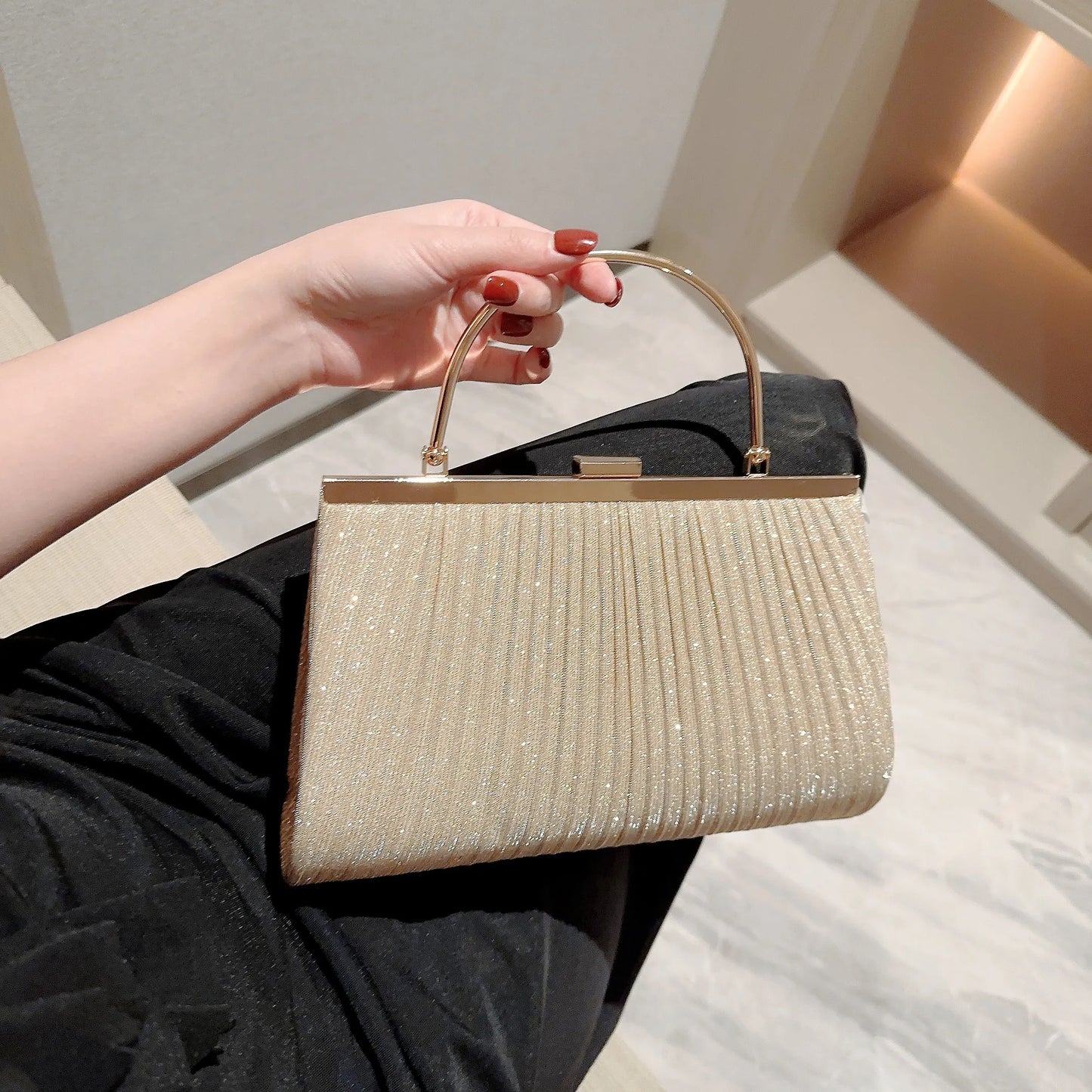 Classic Pleated Evening Bag Sparkling Party Prom Handbag Dress Purse