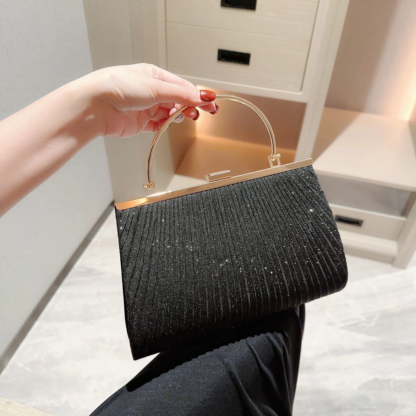 Classic Pleated Evening Bag Sparkling Party Prom Handbag Dress Purse