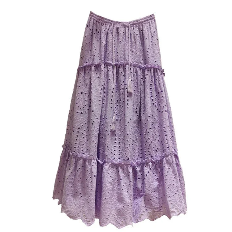 Women's Summer Cotton Full Lace Midi Skirt A-line Boho Vacation