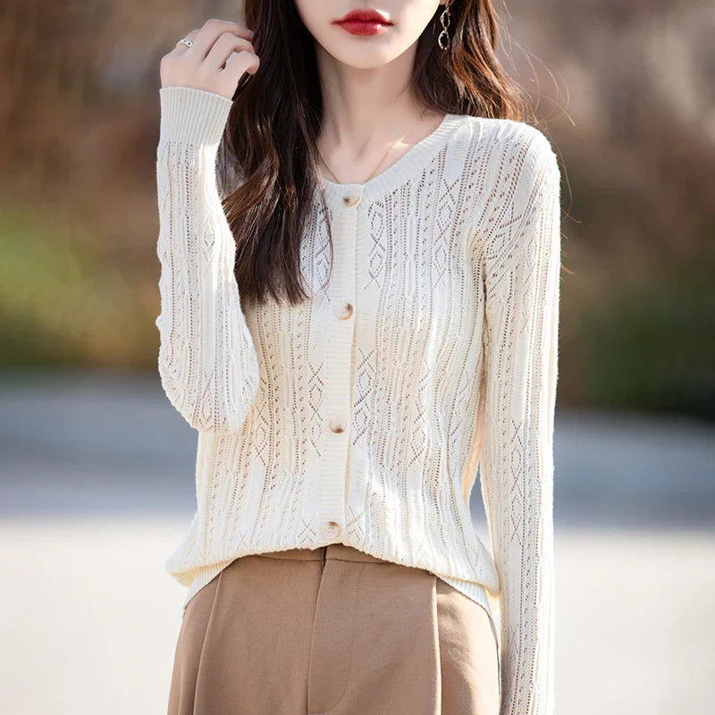 100% Cotton Slim O-Neck Knitted Cardigan