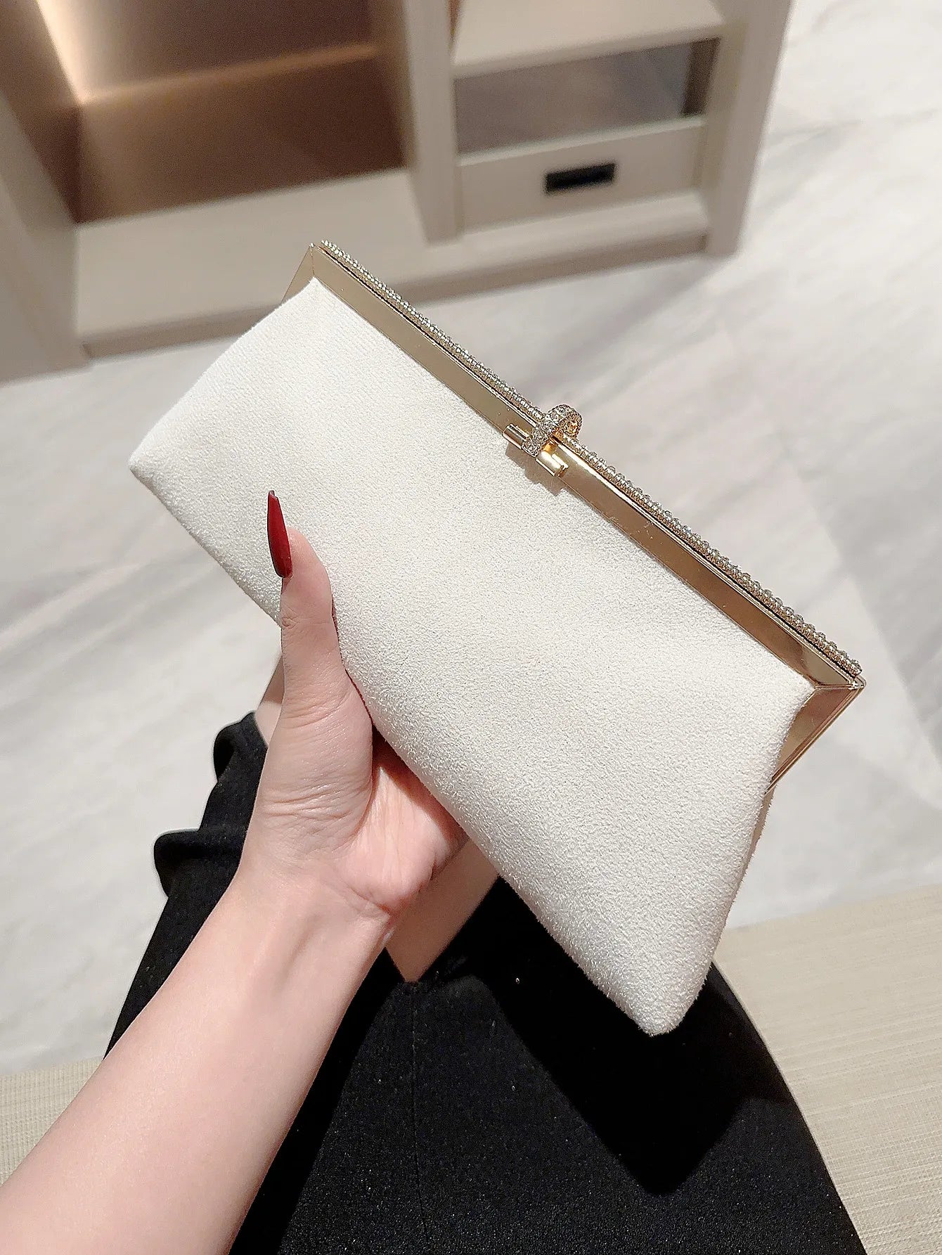 Velvet Fish Hook Rhinestone Decorated Evening Clutch Party Wedding Bag