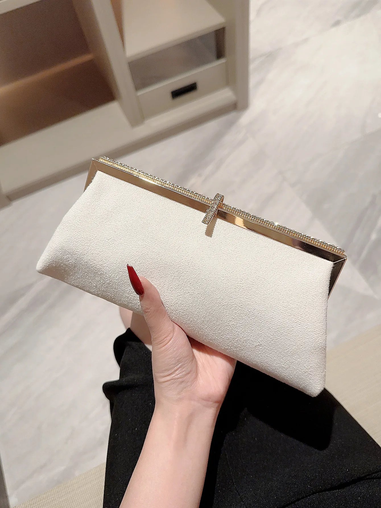 Velvet Fish Hook Rhinestone Decorated Evening Clutch Party Wedding Bag